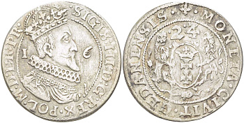 Данциг, Польша 1 орт = 1/4 талера = 10 грошей 1624 перечекан C 1623, Сигизмунд III (1587-1632) KM 15.2 серебро    3896-1443