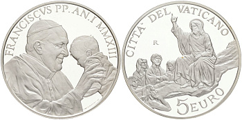 Ватикан 5 евро 2013 46-й международный День Мира, в оригинальной коробке, сертификат серебро PROOF 5-6-3-75
