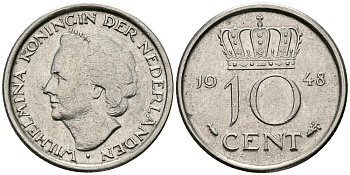 Нидерланды 10 центов 1948 Вильгельмина (1895-1948) KM 177 никель 96-536