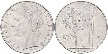 Италия 100 лир 1969 R, Афина в доспехах KM 96.1 нержавеющая сталь 4159-643