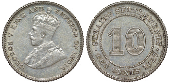 Стрейтс-Сетлментс 10 центов 1927 Георг V (1910-1936) КМ 29b серебро 53-724