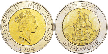 Новая Зеландия 50 центов 1994 Елизавета II (1952-2022), парусник Индевор KM 90 биметалл UNC 1522-1343