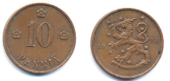 Финляндия 10 пенни 1938 KM 24 медь 51-5654