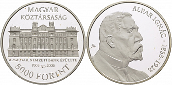 Венгрия 5000 форинтов 2005 Игнац Альпар, здание венгерского национального банка, тираж 3000 экземпляров KM 783 серебро PROOF 04-093-21