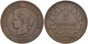 ФРАНЦИЯ 5 САНТИМОВ 1897 A, ТРЕТЬЯ РЕСПУБЛИКА (1871-1940) KM 821.1, LE FRANC 118.41 бронза 28-555