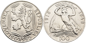 Чехословакия 100 крон 1948 30 лет независимости KM 27 серебро UNC 87-1044