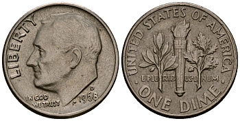 США 10 центов (дайм) 1968 Рузвельт, D KM 195a медь плакированная медно-никелем 4164-943