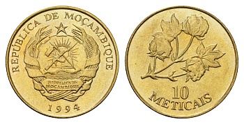 Мозамбик 10 метикалов 1994 год-тип KM 117 сталь плакированная латунью UNC 25-1842
