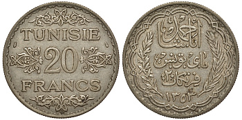 Тунис 20 франков 1934 AH 1353, Ахмад II ибн Али, французский протекторат KM 263 серебро 5010-331