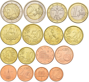 ИТАЛИЯ ЕВРОНАБОР ИЗ 8 МОНЕТ 2011 1, 2, 5, 10, 20, 50 ЕВРОЦЕНТОВ, 1 И 2 ЕВРО UNC 181-1211
