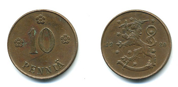 Финляндия 10 пенни 1920 республика (1918-1962) KM 24 медь 36-956