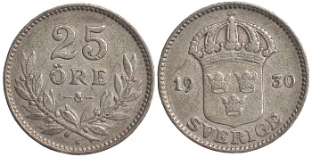 Швеция 25 эре 1930 G, Густав V (1907-1950) KM 785 серебро 4179-843