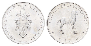 Ватикан 2 лиры 1971 MCMLXXI KM 117 алюминий UNC 4701-522