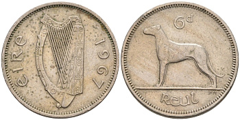 Ирландия 6 пенсов 1967 мрландский волкодав, собака KM 13а медно-никель 92-126