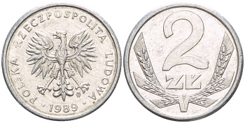 Польша 2 злотых 1989 MW, Народная Республика KM 80.3, Parchimowicz 219a алюминий 4528-819