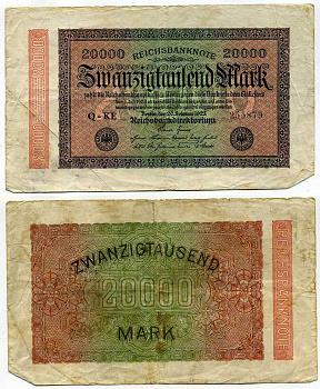 ГЕРМАНИЯ 20000 МАРОК 1923 20 ФЕВРАЛЯ 1923, ВОДЯНОЙ ЗНАК L Pick 85а бумага 7203-16-3