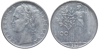 Италия 100 лир 1964 R KM 96.1 нержавеющая сталь 4144-113
