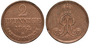 Брауншвейг-Каленберг-Ганновер 2 пфеннига 1862 B, Георг V (1851-1866) KM 234, AKS 153, J. 91 медь 413-5331