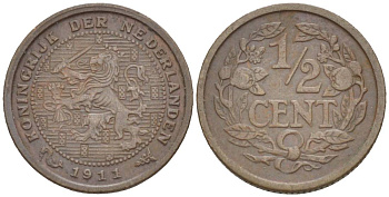 НИДЕРЛАНДЫ 1/2 ЦЕНТА 1911 ВИЛЬГЕЛЬМИНА I (1891-1948) KM 138 бронза 4547-1241