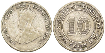 Стрейтс-Сетлментс 10 центов 1926 Георг V (1910-1936) KM 29b серебро 218-846
