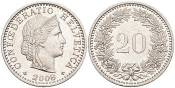 ШВЕЙЦАРИЯ 20 РАППЕНОВ 2008 В KM 29a медно-никель 55-1047