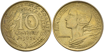 Франция 10 сантимов 1963 KM 929 алюминиевая бронза 4143-1051