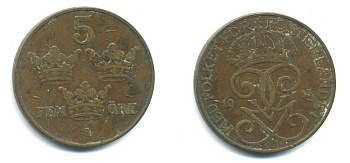 ШВЕЦИЯ 5 ЭРЕ 1915 KM 779.2 бронза 04-951