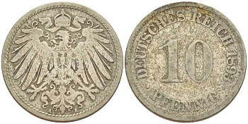 ГЕРМАНИЯ 10 ПФЕННИГОВ 1893 A KM 12, J. 13, Weege 8 медно-никель 261-1255