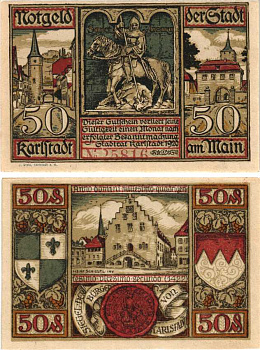 КАРЛШТАДТ 50 ПФЕННИГОВ 1920 НОТГЕЛЬД, ЗЕМЛЯ БАВАРИЯ Grabowski K11.1с бумага 8592-50-3-1