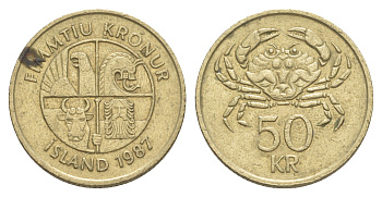 Исландия 50 крон 1987 KM 31 никель латунь 4646-1221