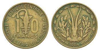 Западная Африка (BCEAO) 10 франков 1964 Центральный банк государств Западной Африки KM 1a медь алюминий никель 4642-226
