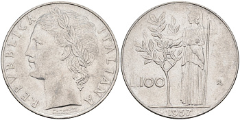 Италия 100 лир 1957 R, Афина в доспехах KM 96.1 нержавеющая сталь 81-1243