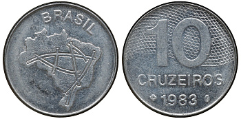 БРАЗИЛИЯ 10 КРУЗЕЙРО 1983 KM 593.1 сталь aUNC 72-1455