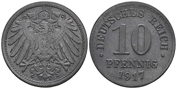 Германия 10 пфеннигов 1917 KM 26, J. 299 цинк 85-232