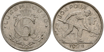 Люксембург 1 франк 1928 сталевар, Шарлотта (1918-1964) KM 35 никель 4603-1053