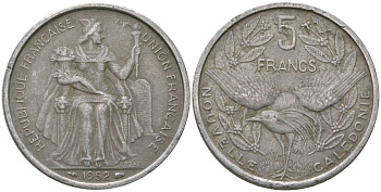 Французская Новая Каледония 5 франков 1952 птица кагу, (IEOM) KM 4, Schoen 4, Lec 71 алюминий 179-225