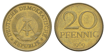 ГДР 20 пфеннигов 1969 А, первый год KM 11 латунь aUNC 4647-817