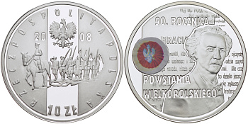 Польша 10 злотых 2008 MW, 90 лет Великопольского восстания, Игнаций Ян Падеревский, цветная эмаль KM 661 серебро PROOF 06-245-46