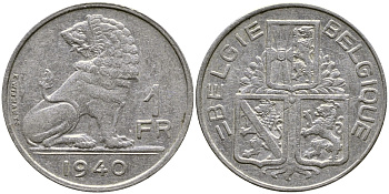 БЕЛЬГИЯ 1 ФРАНК 1940 BELGIE-BELGIQUE KM 120 никель 4383-352