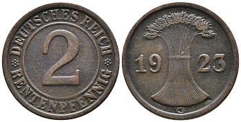 ГЕРМАНИЯ 2 РЕНТЕНПФЕННИГА 1923 G KM 31, J. 307 бронза 24-356