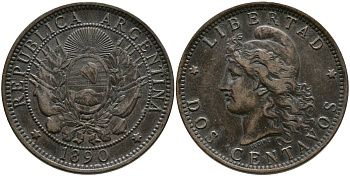 Аргентина 2 сентаво 1890 голова свободы влево KM 8 бронза 4531-925