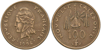 Французская Новая Каледония 100 франков 1994 хижина среди сосен и пальм, (IEOM) KM 15, Schoen 16, Lec 138 никель латунь 4140-832