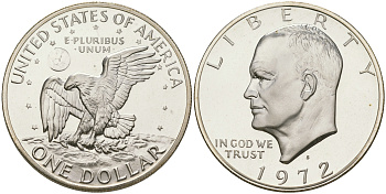 США 1 доллар 1972 S, Президент Эйзенхауэр, лунный орел KM 203a серебро  PROOF 1095-9-53