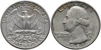 США 25 ЦЕНТОВ = КВОТЕР 1981 P, ВАШИНГТОН KM А164а медь плакированная медно-никелем 113-526