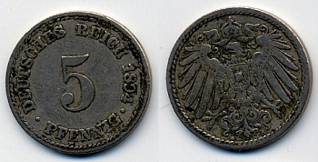 ГЕРМАНИЯ 5 ПФЕННИГОВ 1894 A, KM 11, J. 12 медно-никель 51-5253