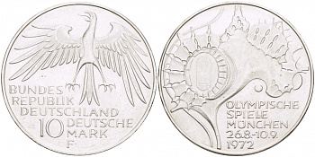 ФРГ 10 МАРОК 1972 F, ОЛИМПИАДА, СТАДИОН KM 133, J.404 серебро UNC 4127-123