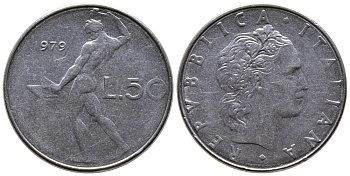 Италия 50 лир 1979 R, бог огня Вулкан у наковальни KM 95.1 нержавеющая сталь    4606-141