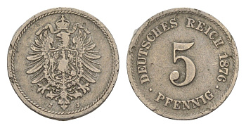 Германия 5 пфеннигов 1876 J, Вильгельм I (1871-1888) KM 3, J. 3 медно-никель 4615-131