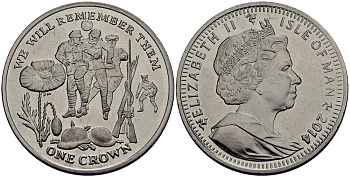 Остров Мэн 1 крона 2014 в память героев первой мировой войны, игра в футбол KM NEW медно-никель UNC M80-10