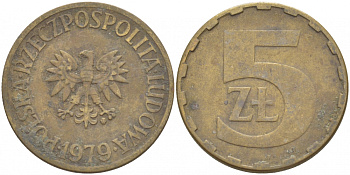 ПОЛЬША 5 ЗЛОТЫХ 1979 MW KM 81.1 латунь VF 3457-741